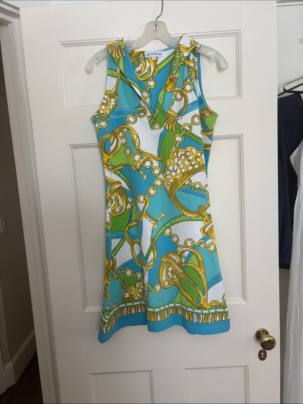 Tabi‎ Bright Chain-Print Sleeveless Dress - Teal, Green & Yellow Size XS